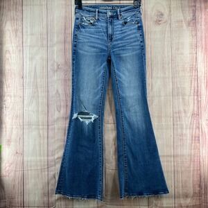 American Eagle Super Hi‎ Rise Flare Jeans Womens Size 0 Blue Stretch Distressed